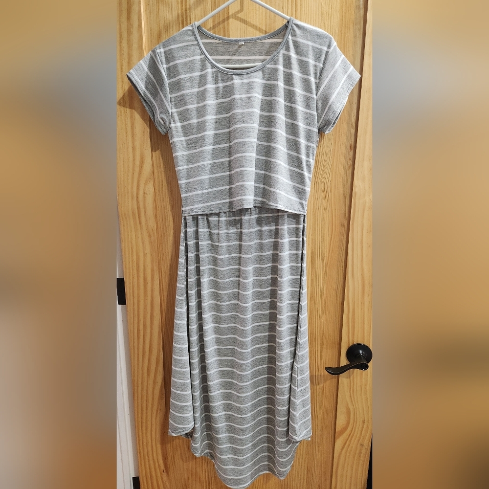 Gray with white stripes maternity dress; size M